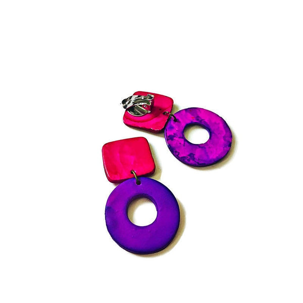 Purple & Pink Statement Earrings Handmade from Polymer Clay Alcohol Ink
