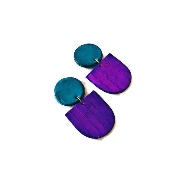 Fan Shaped Statement Earrings in Blue & Maroon Hand Painted with Alcohol Ink - Sassy Sacha Jewelry
