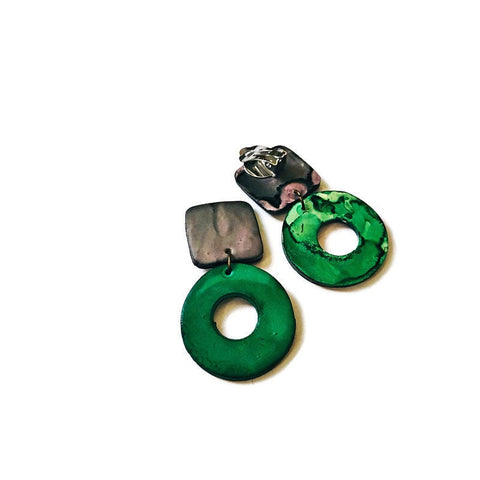 Forest Green Clip On Earrings with Circle Hoop