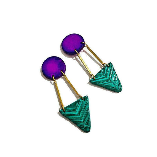 Big Geometric Clip On Earrings for Non Pierced Ears, Polymer Clay Painted Purple & Turquoise - Sassy Sacha Jewelry