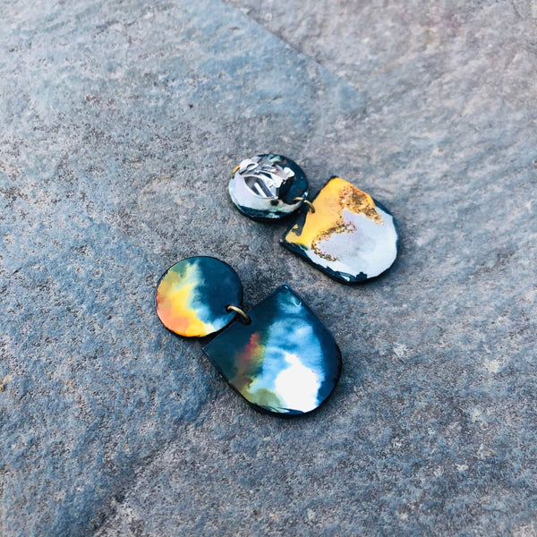 Abstract Hand Painted Earrings in Black White Yellow - Sassy Sacha Jewelry