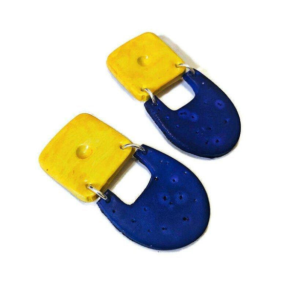 Yellow & Cobalt Blue Statement Earrings Handmade from Clay & Painted - Sassy Sacha Jewelry