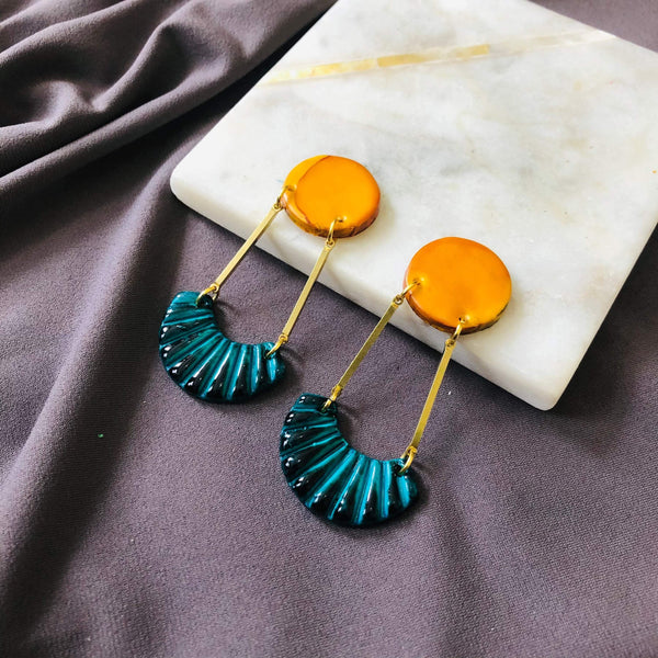 Edgy Earrings Handmade from Clay & Long Brass Bars, Art Deco Fan Dangle Earrings Painted with Alcohol Ink, Bridal Urban Earrings in Canada - Sassy Sacha Jewelry