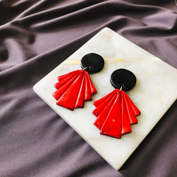 Art Deco Clip On Earrings with Geometric Fan, Painted Clay Drop Dangles - Sassy Sacha Jewelry