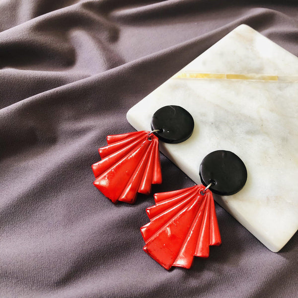 Oversized Fan Statement Earrings in Red & Grey, Hand Painted Clay Drop Dangles or Clip Ons - Sassy Sacha Jewelry