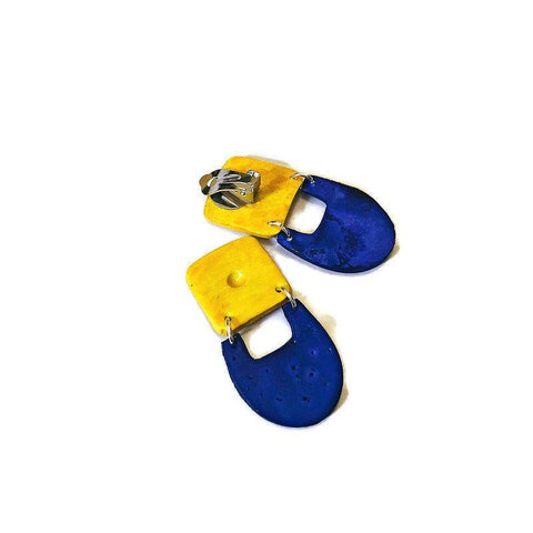 Geometric Clip On Earrings for Unpierced Ears in Blue & Yellow - Sassy Sacha Jewelry