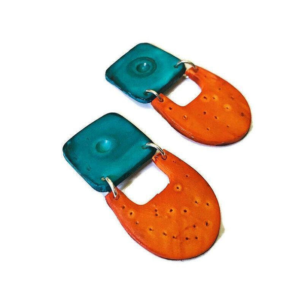 Teal & Orange Clip On Earrings, Bold Modern Statement Jewelry Handmade - Sassy Sacha Jewelry