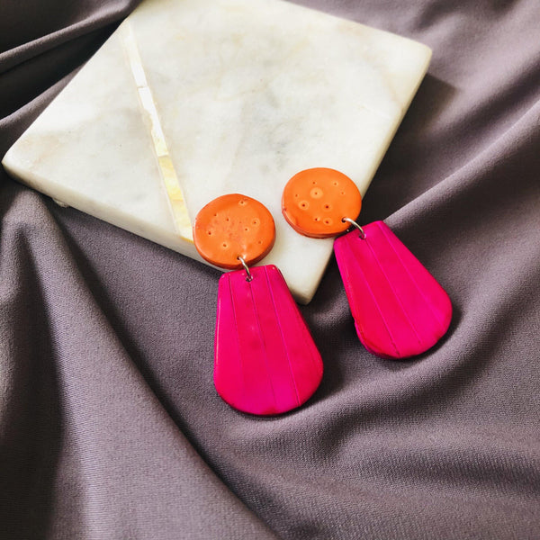 Yellow & Orange Clip On Earrings, Long Polymer Clay Statement Earrings, Bright Geometric Earrings with Textured Design, Unique Gift Ideas - Sassy Sacha Jewelry