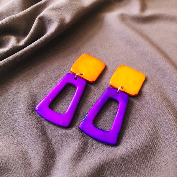 Open Rectangle Clay Statement Earrings Painted Purple & Orange, Post or Clip On Earrings - Sassy Sacha Jewelry