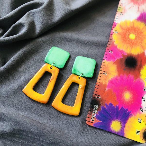 Bold Artsy Clip On Earrings for Non Pierced Ears, Open Rectangle Drop Dangles - Sassy Sacha Jewelry