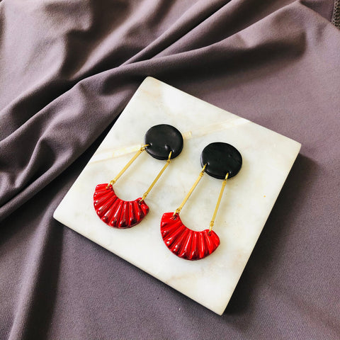 Art Deco Clip On Earrings Red & Black Handmade