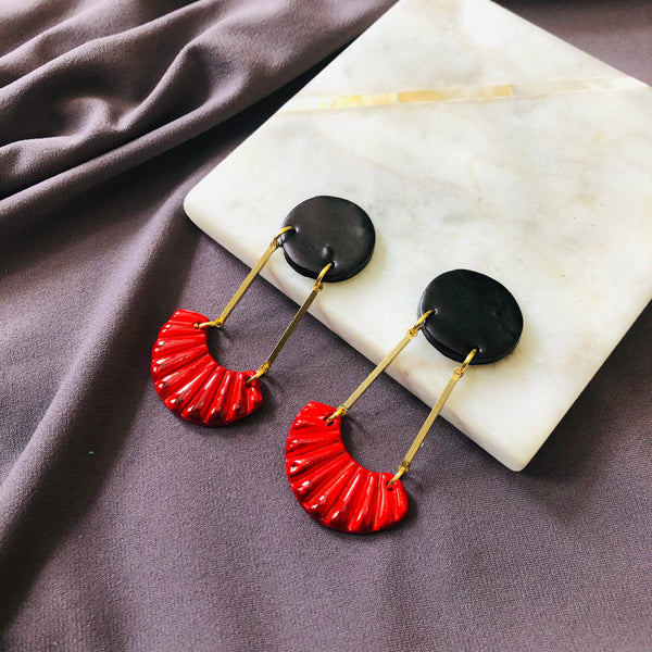 Art Deco Clip On Earrings Red & Black Handmade