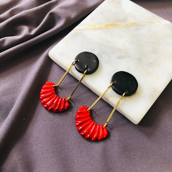 Art Deco Clip On Earrings Red & Black with Long Brass Bars