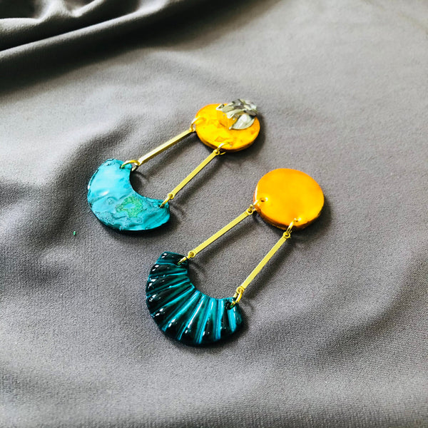 Teal & Mustard Yellow Statement Clip On Earrings with Brass Bars