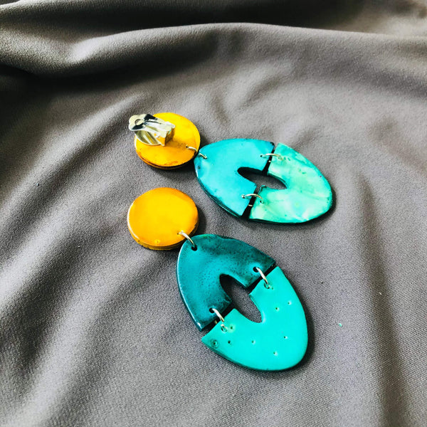 Yellow & Two Tone Blue Statement Earrings, Handmade Clay Earrings for Summer - Sassy Sacha Jewelry