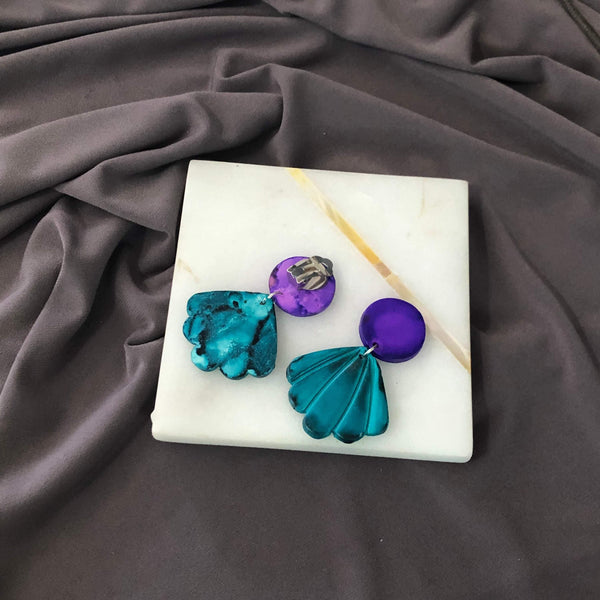 Seashell Clip On Earrings in Blue & Yellow - Sassy Sacha Jewelry