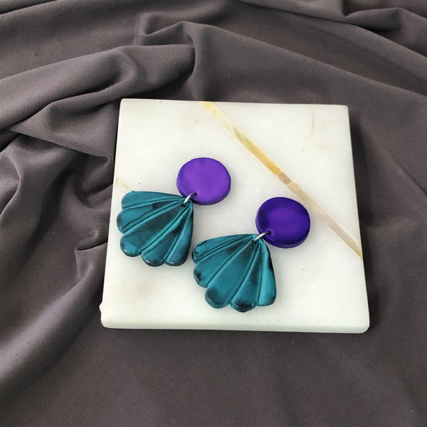 Seashell Clip On Earrings in Blue & Yellow - Sassy Sacha Jewelry