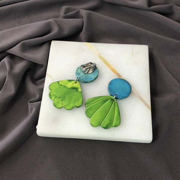 Cute Painted Neon Earrings for Summer, Seashell Drop Dangles Handmade from Clay - Sassy Sacha Jewelry