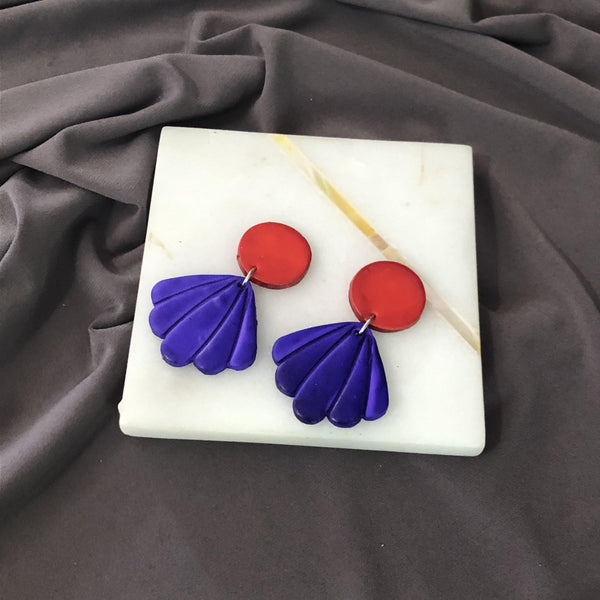 Red & Cobalt Blue Earrings, Seashell Drop Dangles or Clip Ons - Sassy Sacha Jewelry