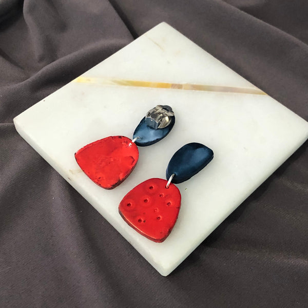 Red & Blue Small Clay Earrings Post or Clip Ons- "Duke"
