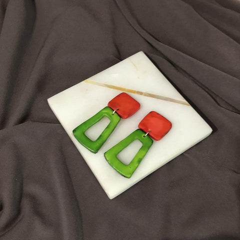 Long Geometric Earrings Handmade from Polymer Clay & Painted Bright Green & Orange - Sassy Sacha Jewelry