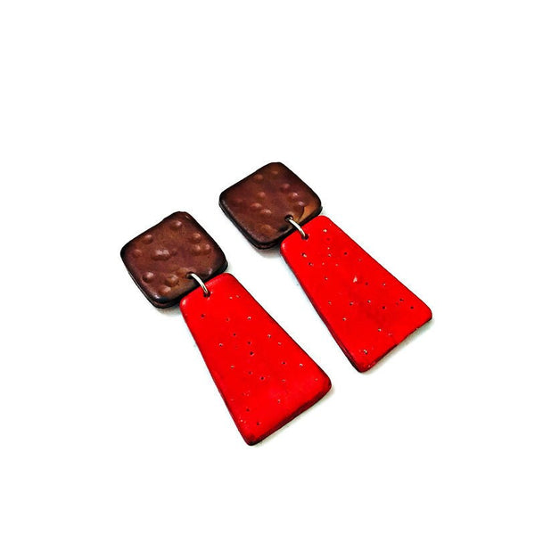 Statement Clip On Earrings in Red & Brown