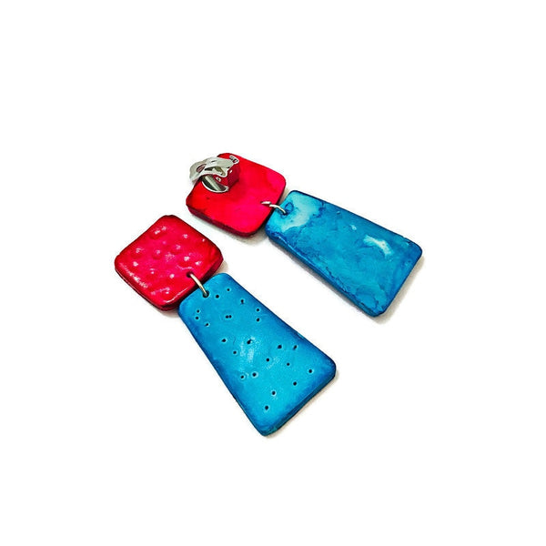 Colorful Clip On Earrings Neon Blue & Pink, Non Pierced Ears