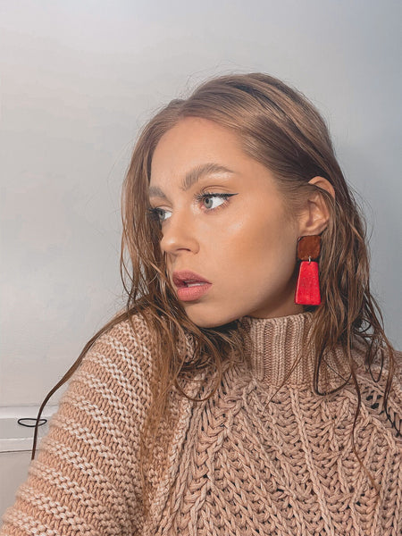 Long Statement Clip On Earrings in Red & Brown