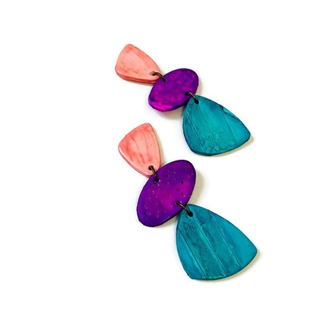 Tri Color Statement Earrings Post or Clip On- "Amy"