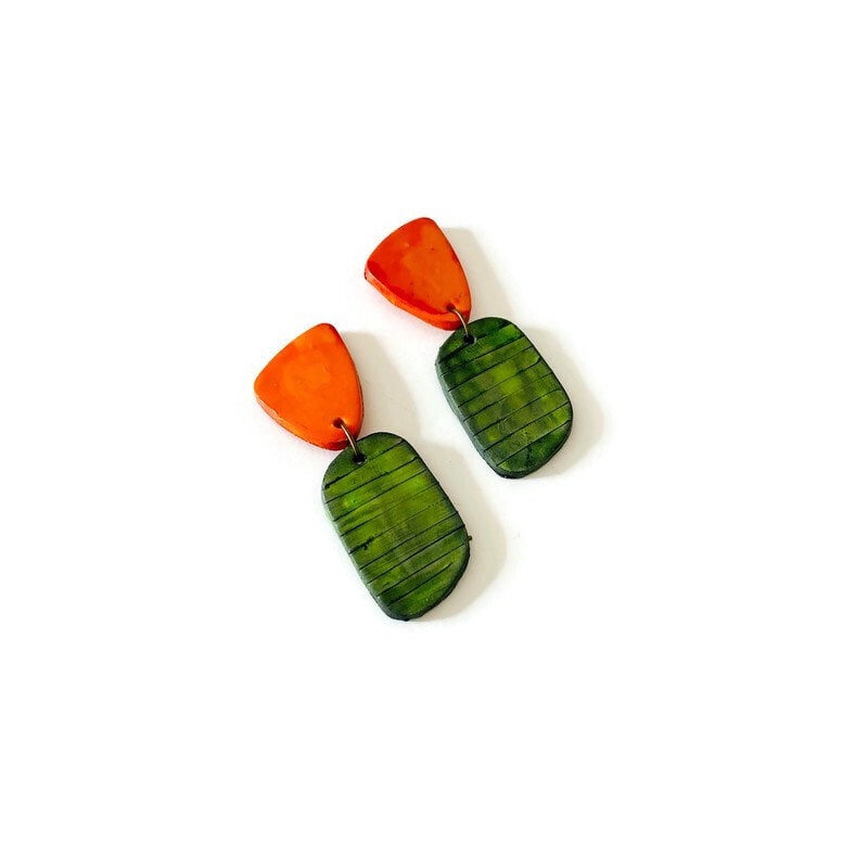 Cute Two Tone Earrings in Olive Green & Orange