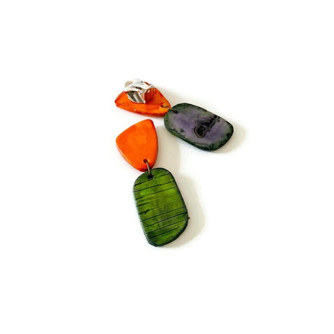 Small Clip On Earrings in Olive Green & Orange