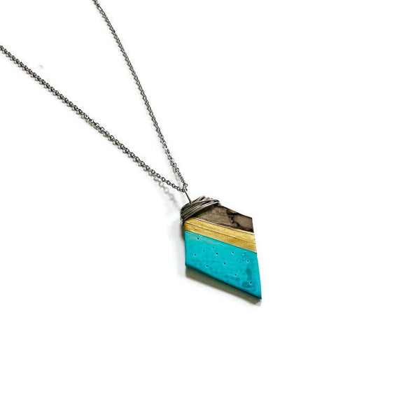 Artsy Polymer Clay Pendant Painted Turquoise Gold Grey,