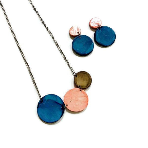 Three Circle Necklace in Denim Blue, Dusty Pink & Grey