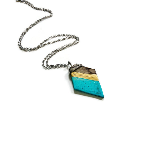Artsy Polymer Clay Pendant Painted Turquoise Gold Grey,