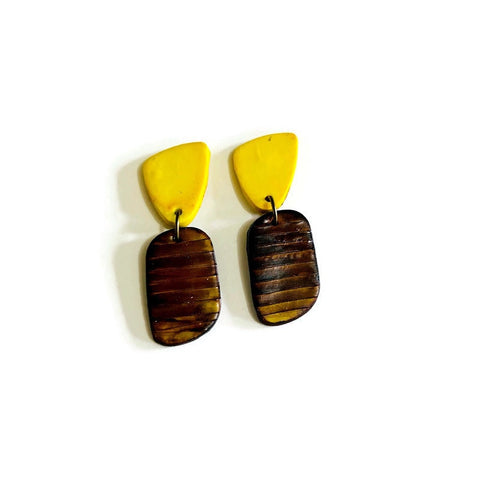 Two Tone Earrings in Brown & Yellow, Handmade