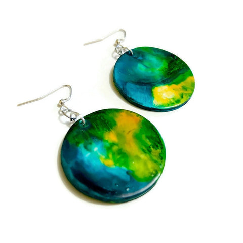 Northern Light Earrings, Abstract Statement Disc Earrings Handmade, Large Clay Earrings Painted Alcohol Ink, Northern Canada Newfoundland