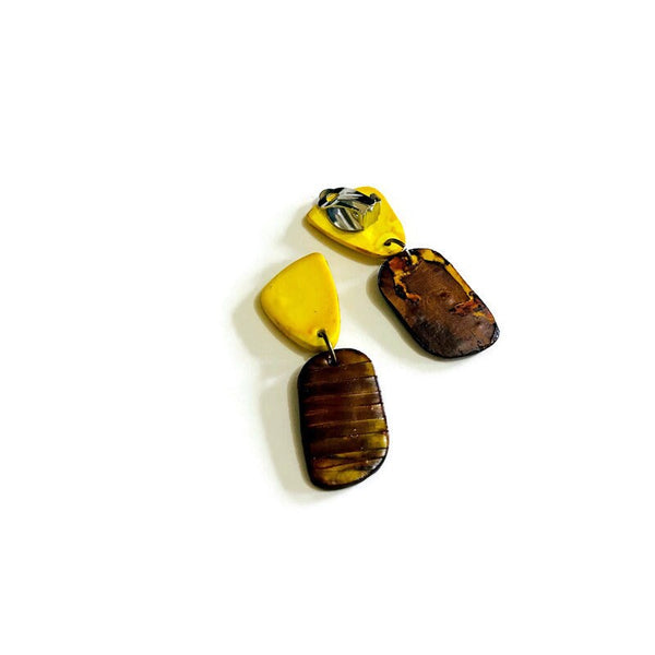 Two Tone Earrings in Brown & Yellow, Handmade