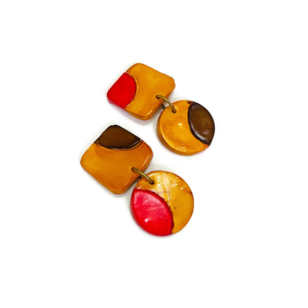 Mustard Yellow Earrings with Red and Brown Dots