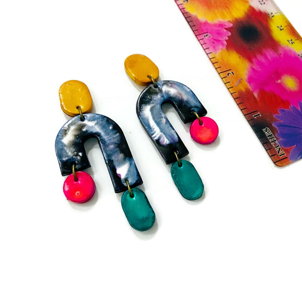 Quirky Asymmetric Clip On Earrings in Marble Black & White with Colorful Ascents