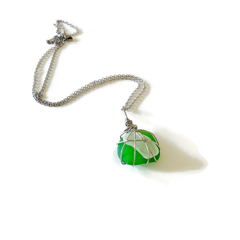 Sea Glass Pendant Necklace in Green & White