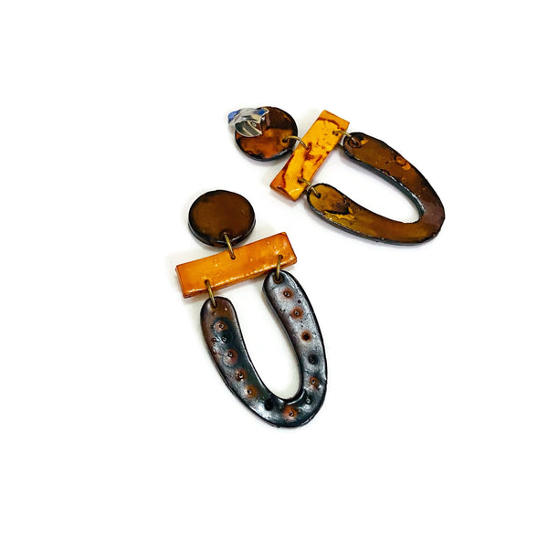 Yellow & Brown Clay Statement Earrings Handmade - "Roxy"