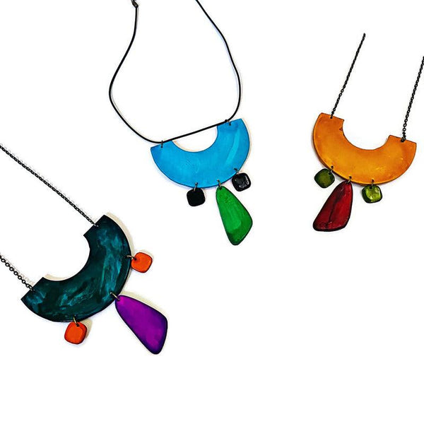 Quirky Statement Bib Necklace with Dangling Geometric Shapes- "Ricki" - Sassy Sacha Jewelry