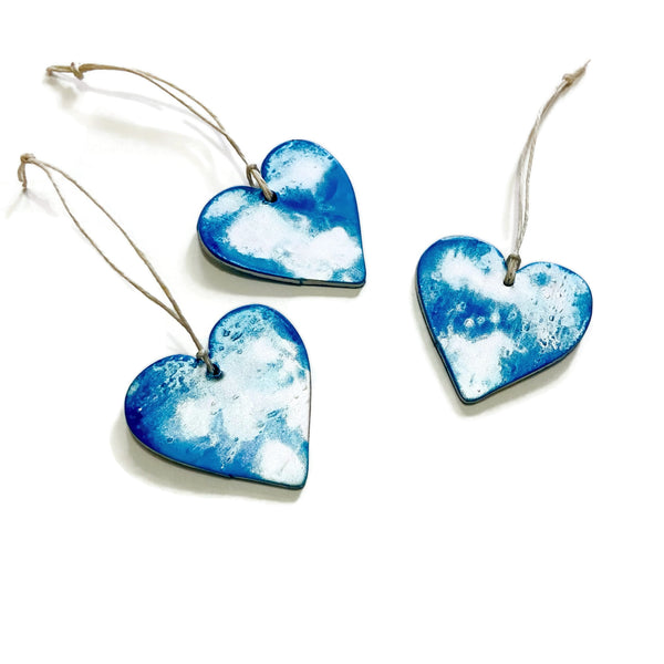 Painted Clay Heart Ornament Blue & Silver