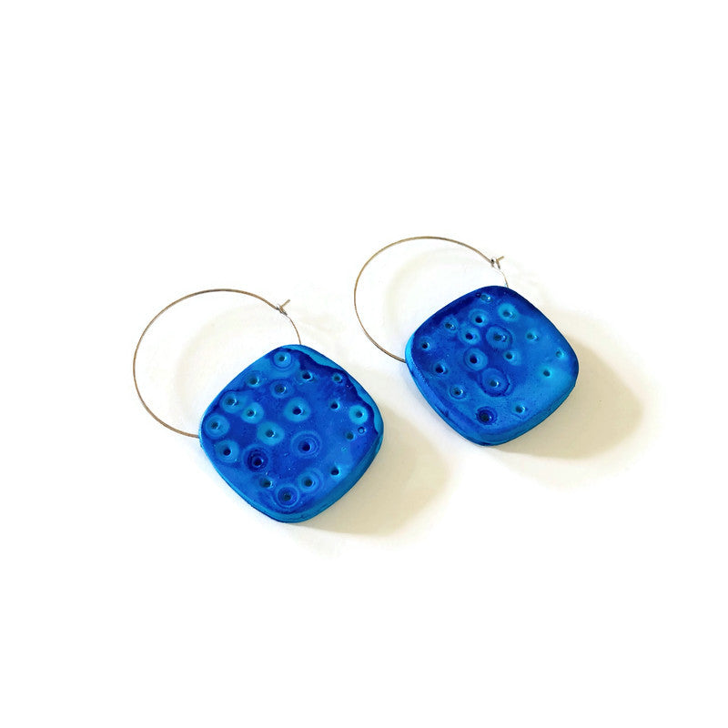 Blue Square Hoop Earrings Handmade