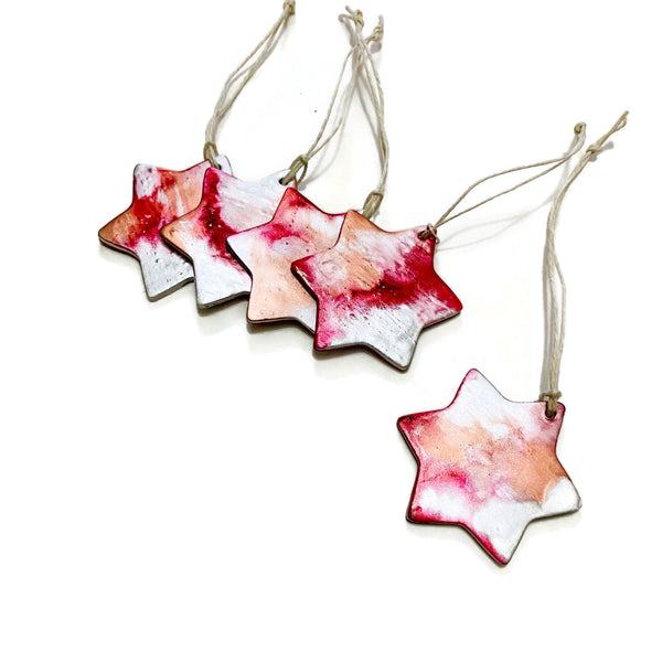 Painted Clay Star Ornaments Red, Copper & Silver