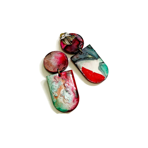 Abstract Alcohol Ink Jewelry Set in Red, Gree, Silver, Copper. Fluid Art Jewelry