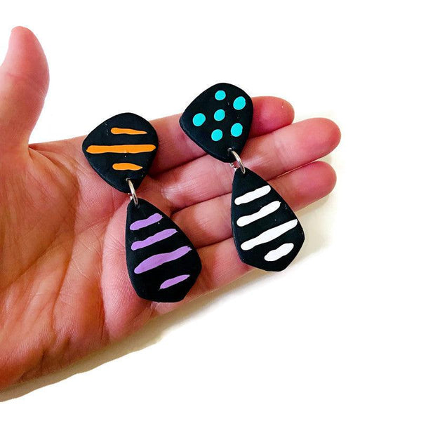 Large Abstract Earrings Black with Colorful Stripes & Polka Dots - Sassy Sacha Jewelry