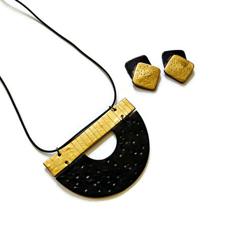Statement Necklace & Earring Set in Black & Gold