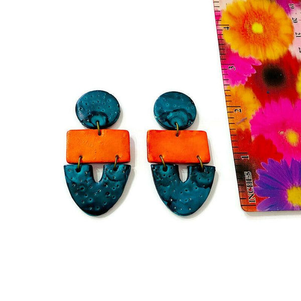 Big Statement Earring in Orange & Teal, Post or Clip On Earrings - Sassy Sacha Jewelry
