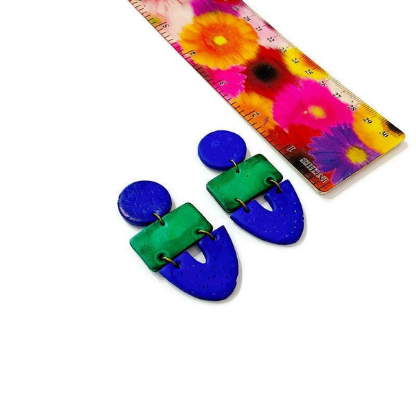 Colorful Clip On Earrings Handmade from Clay Painted Green Blue - Sassy Sacha Jewelry